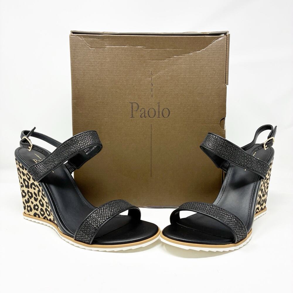Linea Paolo Edith Black Woven Leopard Print Wedge Sandals 10 NIB